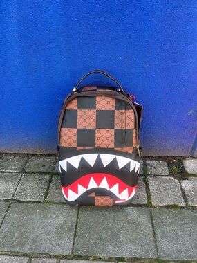 Sprayground Brown Checker Shark-Print Backpack - Men